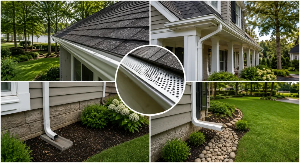 Collage of gutter guard installation, downspout drainage, and lawn-level water management at an East Hampton, NY property