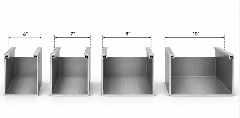 Side-by-side comparison of box-style gutter profiles in 6 inch, 7 inch, 8 inch, and 10 inch widths