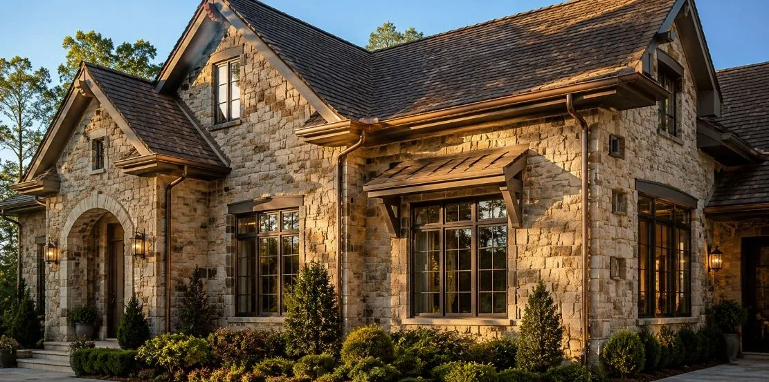 Stone home with bronze seamless gutters