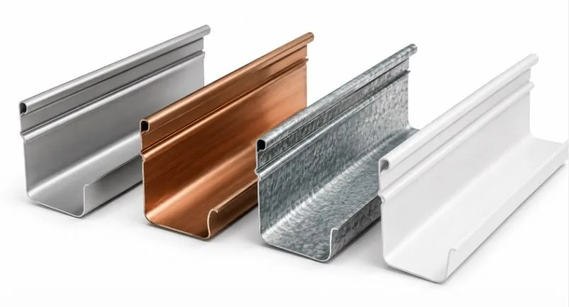 Four K-style gutter sections in aluminum, copper, galvanized steel, and white vinyl displayed side by side.