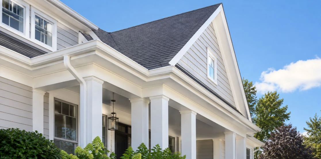 White gutters blending seamlessly with trim and fascia on a traditional home