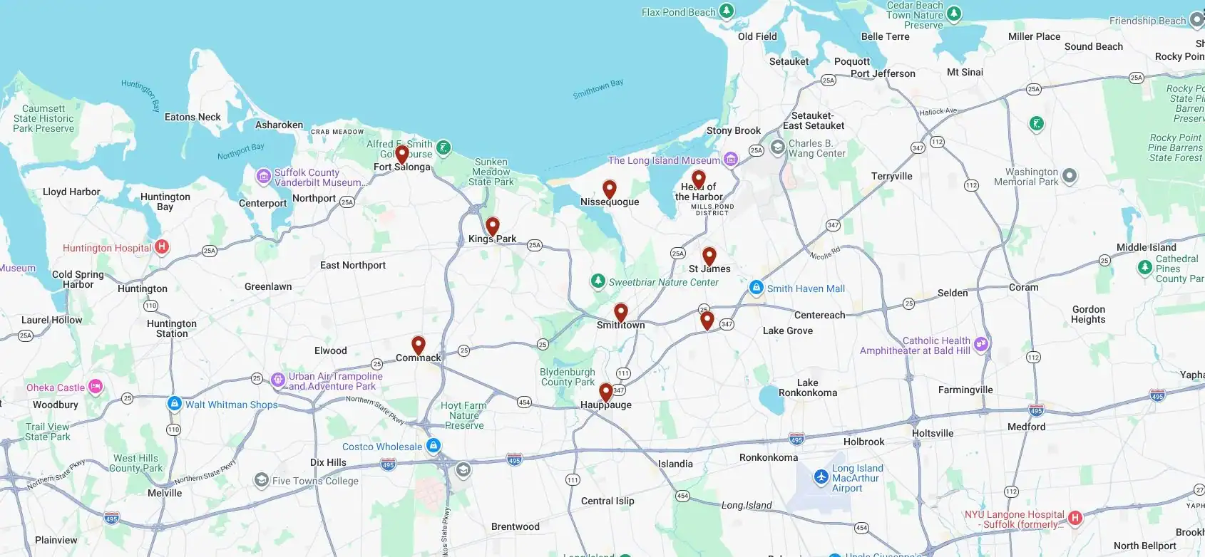 Service area map for gutter cleaning in Smithtown, New York